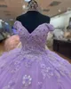 2022 Pretty Sliver Lace Lilac Tulle Quinceanera Dresses Ball Gown Off the shoulder with Sleeves 3D Floral Flowers Corset Mexican C1052249