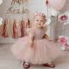 Dust Roze Kleine Meisjes Pageant Jurken Baljurken Gepareerd Bloem Verjaardag Party Outfits voor Baby Bow Sleutelgat Terug Tea-length Kids Formal Wear