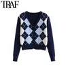 Traf kvinna cardigan vintage stilig geometrisk mönster kort stickad tröja mode långärmad England stil ytterkläder Chaqueta 210415