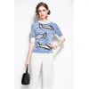 Mode Kvinnors Suit Vår och Sommar Ocean Fish Ice Silk Sweater + Nine-Point Wide-Benbyxor Tvådelat 210520