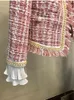 Elegant Pink Plaid Tweed Autumn Winter Women's Woolen Fringed Trim Tassels Brooch Long Sleeve Pearls Short Jacket Coat 210416