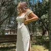 Bolinhas Rosa Vintage Vintage Dress Slow Sleeve Lace Up Long Beach Feriado Verão Elegante Senhoras Senhora Sundress 210427