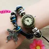 NOUVEAUTÉ Armure Corde Papillon Pendentif charme femmes montre Noir Véritable En Cuir trundle cerceau Bracelet Montres vintage Indien Rétro montre-bracelet