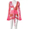 Pink Bandana Mesh Bodyocn Dress Club Outfits For Women blossade långärmad Deep V Neck Draw String Mini Drop Casual Dresses8895720