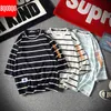 남성용 면화 패션 티셔츠 망 여름 줄무늬 TShirts 5XL 캐주얼 블랙 티셔츠 남자 대형 3 분기 슬리브 티 셔츠 H1218