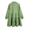 Mode met zakken gedrapeerde mini-jurk vrouwen vintage revers kraag lange mouwen vrouw es leger groen vestidos 210430