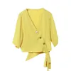 Irregular Short-sleeved Chiffon Shirt Women Summer Yellow Blosue V-neck Bow Tie Short Blouse Ropa De Mujer 14112 210508