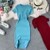 Summer Women Knitted Midi Vintage Short Sleeve Solid Stretch Waist Sexy Bodycon Sweater Dress 210415