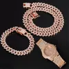 Prong Ketting + Baguette Horloge + Armband Hip Hop Cubaanse Ketting Iced Out Verharde Rhinestones CZ Bling voor Mannen Sieraden