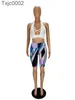 Kvinnor TRACKSUITS TWO PIECES SET DESIGNER Slim Sexy Ärmlös Shorts Wear Cross Cut Open Back Pattern Printing Sportwear