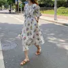 Summer Vintage Floral Printed Women's Long Dress High Waist Ruffles Sleeve O-Neck Beach Female A-Line 210428