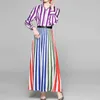 luxury runway designer maxi dress striped turn dowm collar long sleeve singl breasted party casual lady with belt 210421