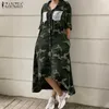 Frauen Mode Midi Hemd DrFemale Pailletten Taschen Vestido Casual Button Down Kleider ZANZEA Retro Camouflage Print Robe 5XL X0529