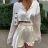 2021 New Summer White Dress Casual Satin Two-piece Set Ladies O-neck Button Top Bandage Pencil Skirt Costume Fashion Party Set X0428
