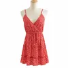 V-hals backless zomerjurk boho print floral jurk sexy spaghetti riem ruche korte jurken strand vakantie rode boho jurk 210415