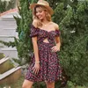 Sexy Kobiety Lato Mini Dress Fahion V-Neck Czarny Kwiatowy Druku Krótki Rękaw Tunika Plaża Party Sundress Kobieta 210421