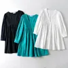 Summer Woman Cotton Linen Blouses Dress Sexy Deep V-neck Mini Dresses Puff Sleeve White Black Clothes 210421