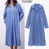 Frühling Blau Gestreiftes Langes Hemdkleid Für Damen Mit Taschenärmeln Übergroße Frauen Saum Seitenschlitze Casual es 210519