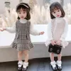 キッズ服格子縞のドレスブラウスガールズ服春秋の女の女の子服のカジュアルスタイルの子供用コスチューム210412