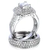 本物の3つの石の輪の王女の王女は14ktのホワイトゴールドがいっぱいの完全なTopaz Gemシミュレートされたダイヤモンドの女性の結婚式の婚約指輪