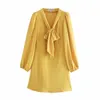 Foridol bowknot lace up amarelo vintage chiffon vestido mulheres outono inverno manga longa elegante casual senhoras vestido curto 210415