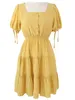 Plus Taille Robe d'été Filles Boho Party Solide Femme Vintage Jaune Manches courtes Femmes es Robe rouge Robe 210423