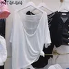 Matakawa Summert-shirty Koszulki z krótkim rękawem Kobiety Sexy Topy Pearl Backless Woman Tshirts Loose Cienka koszulka Średniej długości dla kobiet 210513