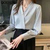 Office Ladies Workwear S-2XL Style Stain Chiffon Shirts Women Plus Size Pearl Korean V-neck Chic Solid Blouse 210601