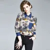 Moda Denim Patchwork Şık Gömlek Kadınlar Down Yaka Ofis Cep Bluz Kadın Uzun Kollu Desen Baskılı Blusas 210416 Tops