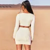 White 2 Piece Set Women Sexy Bodycon Mini Skirts Outfits Long Sleeve Striped Skinny Crop Top Summer Casual Beach Clothes 210517