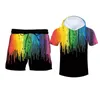 Survêtements pour hommes Hommes T-shirt d'été Shorts Set Black Rainbow Paint Sweat à capuche à manches courtes Gym Débardeurs sans manches Gilet Bouton 318i
