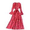 Jesienny styl drukowane damskie rękaw trąbkowy sznurowany cienki temperament V-Neck Nieregularna ruffled Dress UK710 210506