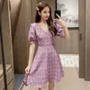 Laides elegante V Neck Mulheres A-Line Dress Feminino Manga Curta Single-Breasted High Weist Dress Dress Office Vestido Verão 210514