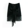 Velvet Tassel Black High Waist Kjol Kvinnor Höst Vinter Bowknot Korta Oregelbundna Bottoms 210427