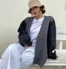 Qooth Splicing Denim Pull tricoté pour femmes col en V à manches longues vestes coréennes femme mode vêtements style QT320 210609