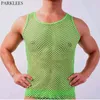 Green Mens See Through Mesh Fishnet Tankar Top Sexig Transparent Gym Tändningstank Topp Män Andningsperspektiv Monterat Nightwear 210522