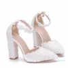 Fashion White Lace Flowers Women Wedding Wristband Bride Shoes One Word Buckle Thin Heels Pumps Ladies High Sandals 211012