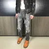 Amerikanska streetwear mode män jeans högkvalitativa elastiska smala passform grå rippade denim punk byxor patchwork hip hop byxor manlig