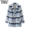TRAF女性のファッションダブルブレストストライプウールブレザーコートビンテージ長袖ポケット女性の上着シックなベス210415