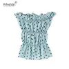 Frauen Chic Mode Polka Dot Plissee Cropped Blusen Vintage Sexy Slash Neck Ärmellose Elastische Shirts Weibliche Chic Tops 210520