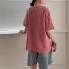 Rund hals enkel solid bottenskjorta godis färger mode sommar lös överdimensionell bomull kortärmad kvinna skjortor 9669 210508