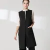 Grande taille sans manches gilet Cardigan automne mince laine femmes O cou poche ourlet fendu Long gilet dames noir manteaux 210522