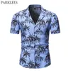 Blå Hawaiian Shirt Män Sommar Kortärmad Palm Tree Print Button Down Aloha Tröjor Mens Holiday Party Camisa Hawaiana 2XL 210522