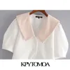 Kvinnor Söt Fashion Button-Up Beskuren Blusar Lapel Krage Puff Sleeves Kvinnor T-shirts Chic Toppar 210420