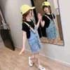 Big Kids Clothes Set Patchwork Girl Tshirt + Jumpsuit 2 stks Outfit Summer Kid 6 8 10 12 14 210528