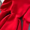 Robes de printemps manches à bulles pour femmes avant et arrière deux vêtements de tempérament col montant fermeture éclair mince robe midi GK447 210506