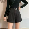 Spring Plus Size Thicken Woollen Short Loose Autumn Winter Casual High-waist Wide-leg Shorts Present with Belt Short Femme 12222 210527