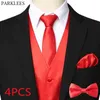 Mens 4PCs Red Silk Satin Tuxedo Vest Set Slips Ficka Square Bowtie Brand Party Bröllop Formell Business Waistcoat Men 3XL 210522