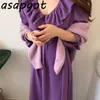 Nazik Vintage Kore Chic Kumaşlı Lace Up Katı V Yaka Ince Yüksek Bel Ruffles Elbise V Boyun Flare Uzun Kollu Femme Robe 210610