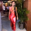 NewAsia Tie Dye Sommerkleid Frau Schnürung aushöhlen rückenfrei Split Halter Langes Kleid Lady Chic Sexy Strand Urlaub Party Robe X0705